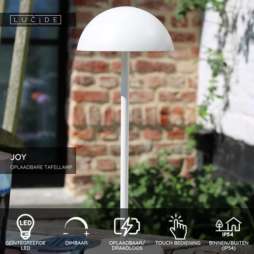 Lucide JOY - Oplaadbare Tafellamp Binnen/Buiten - Accu/Batterij - Ø 12 cm - LED Dimb. - 1x1,5W 3000K - IP54 - Wit - USP